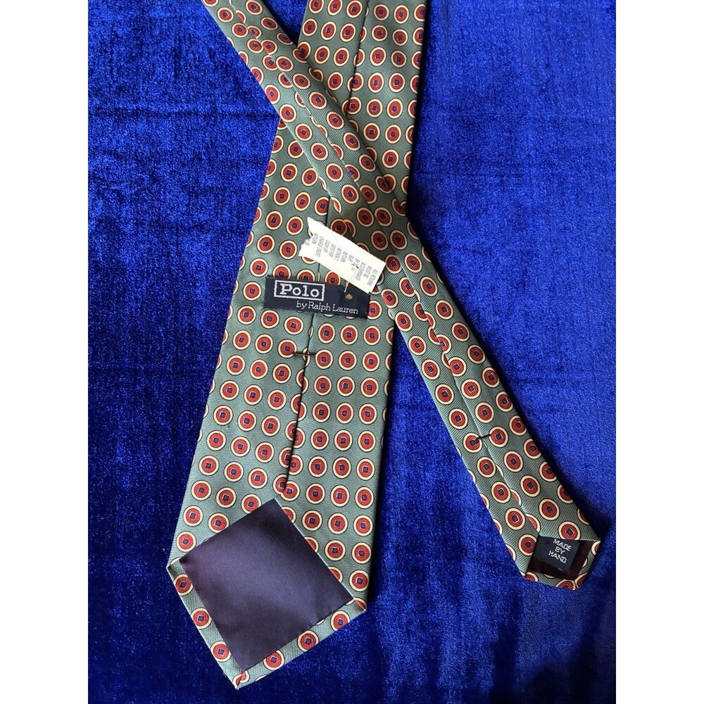 VTG Polo Ralph Lauren Tie Red Green Geometric 100% Silk Hand Made in USA Preppy